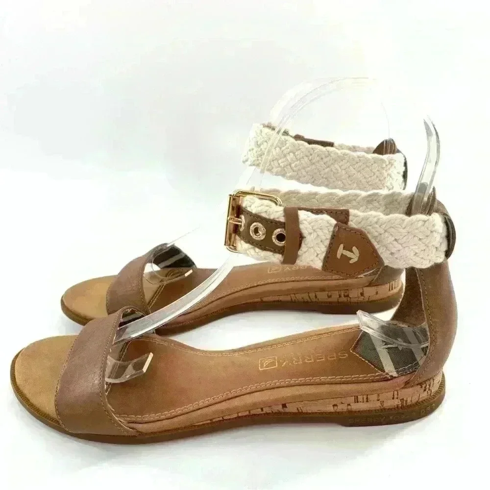 Sperry womens sandals size 5.5 brown leather nautical ankle strap cork wedges